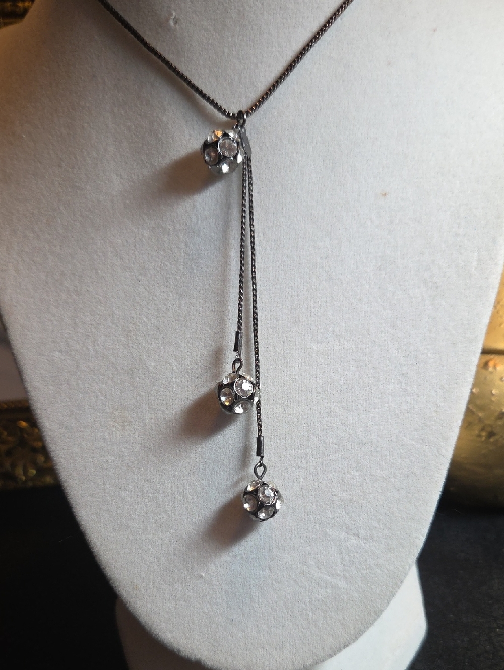 G By Guess Black Link Chain With 3 Crystal Ball Drop. Overall Length 15 Inches